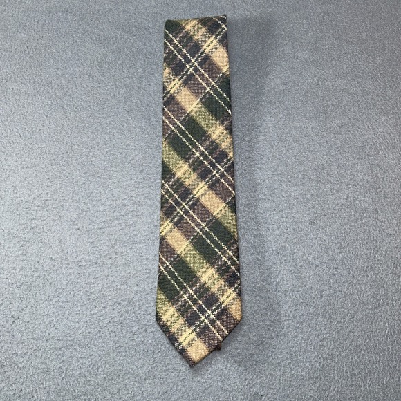 100% Wool Tartan Necktie Made in UK Brown Green Plaid Tie Vintage - Picture 2 of 6